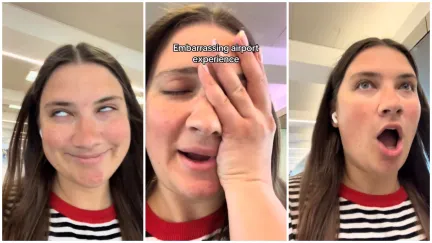 Woman making a flirty face, face-palming, and making a surprised face while recounting humiliating airport encounters.