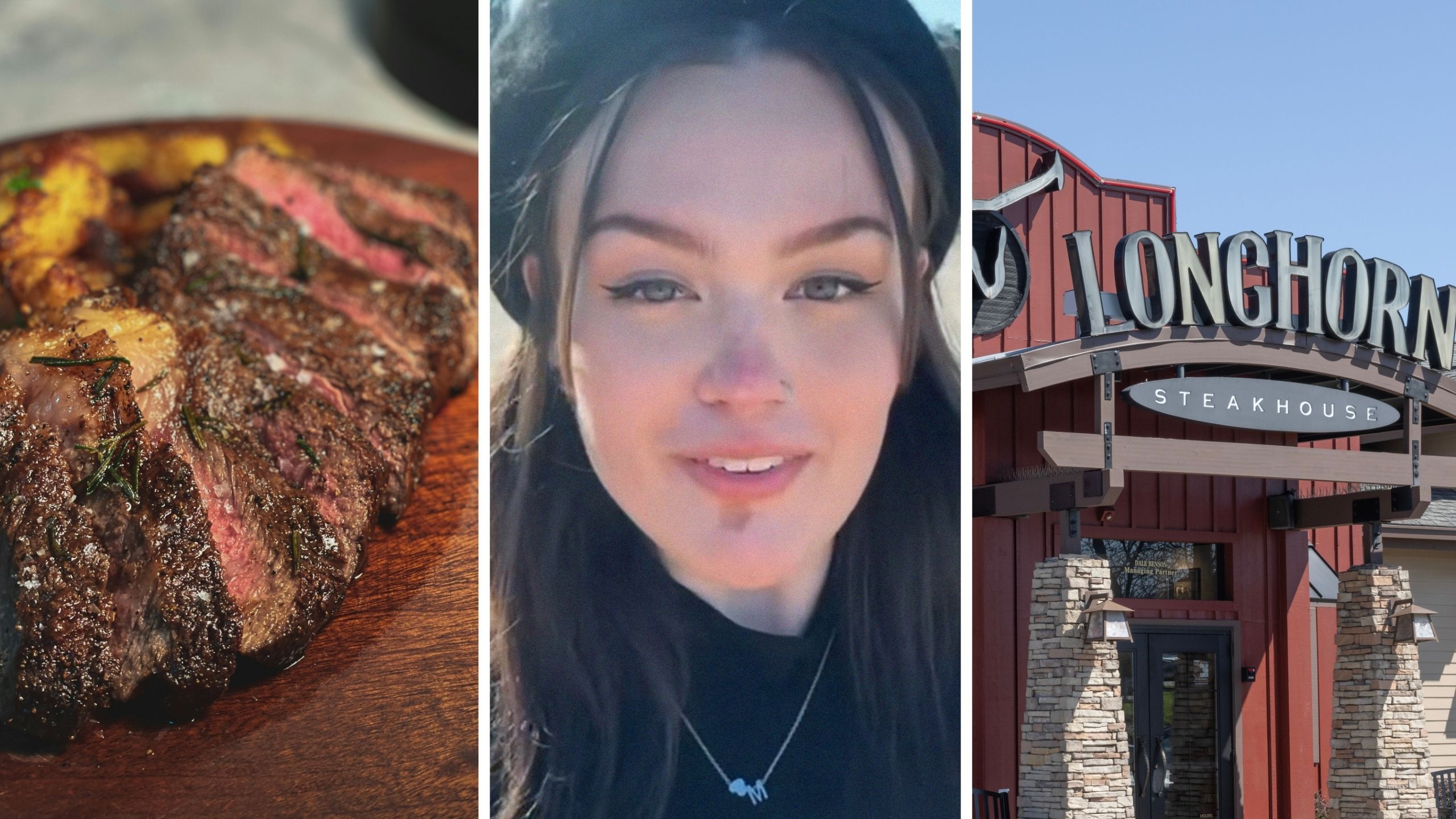 juicy steak to-go (l) woman shares food order issue (c) Longhorn steakhouse entrance (r)