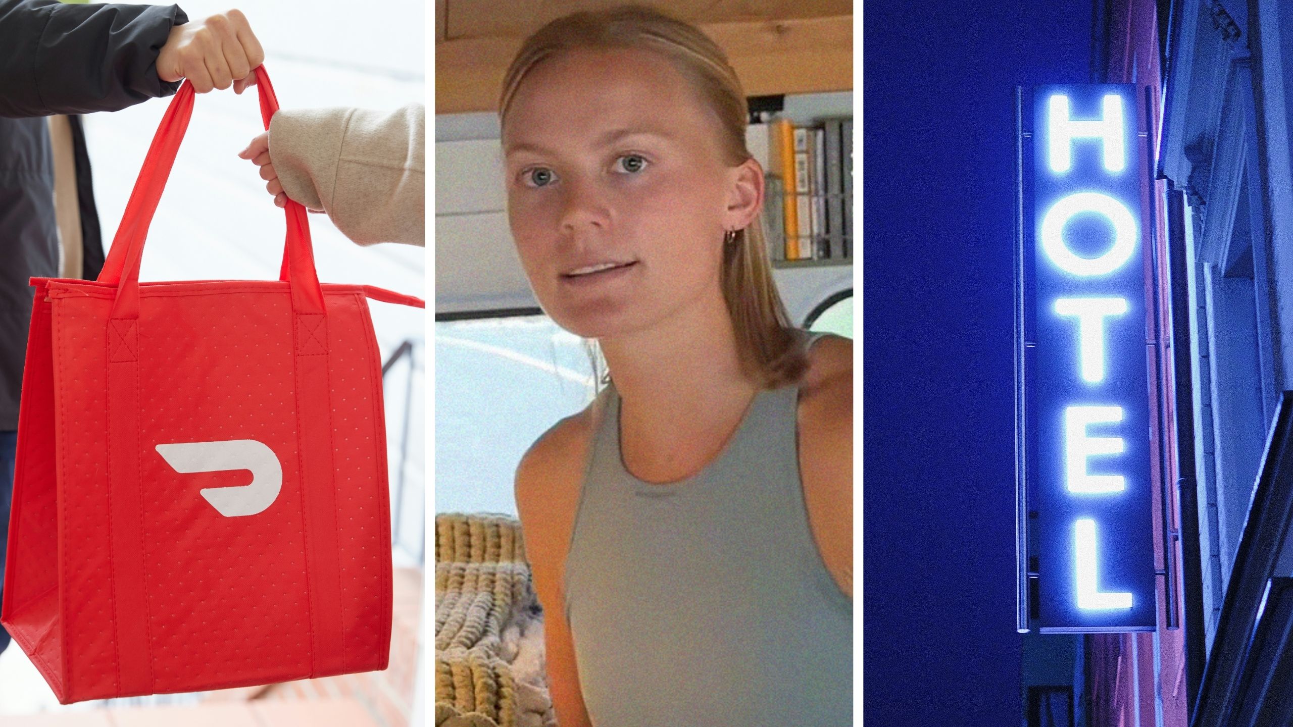 doordash delivery (l) woman shares doordash scary experience (c) hotel sign (r)