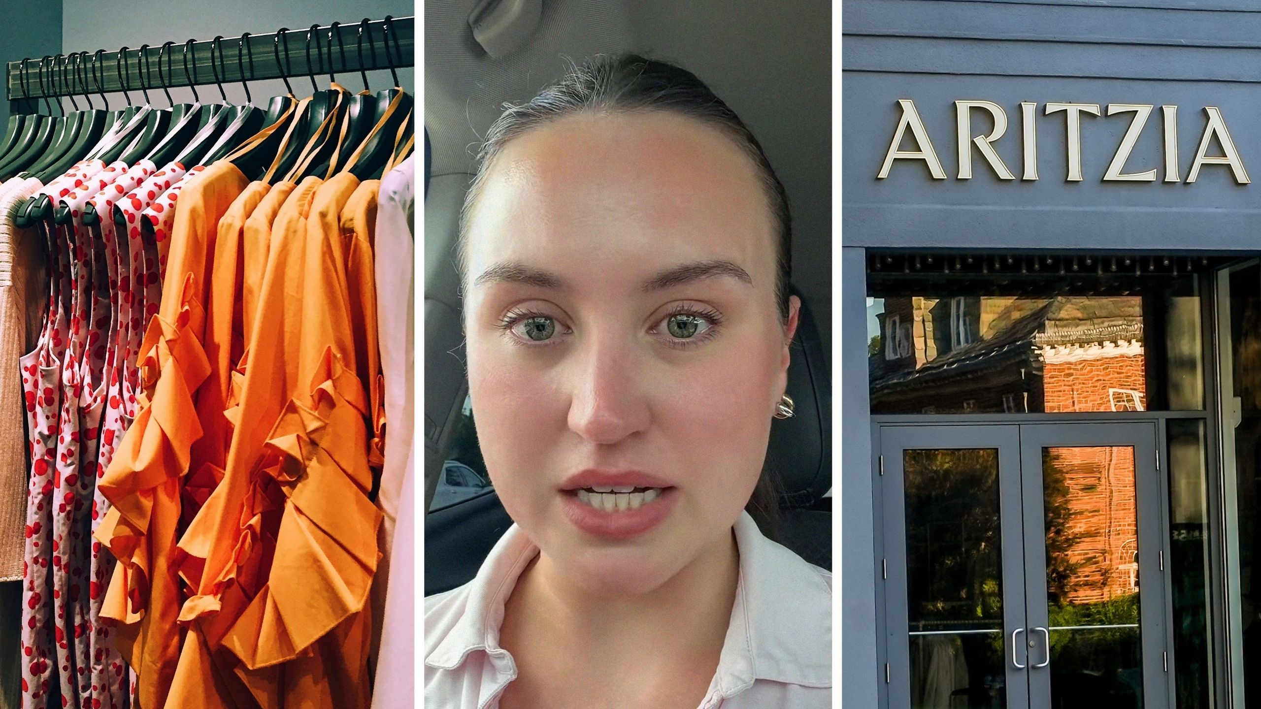 online dress shopping (l) woman shares Aritzia experience (c) Aritzia storefront (r)