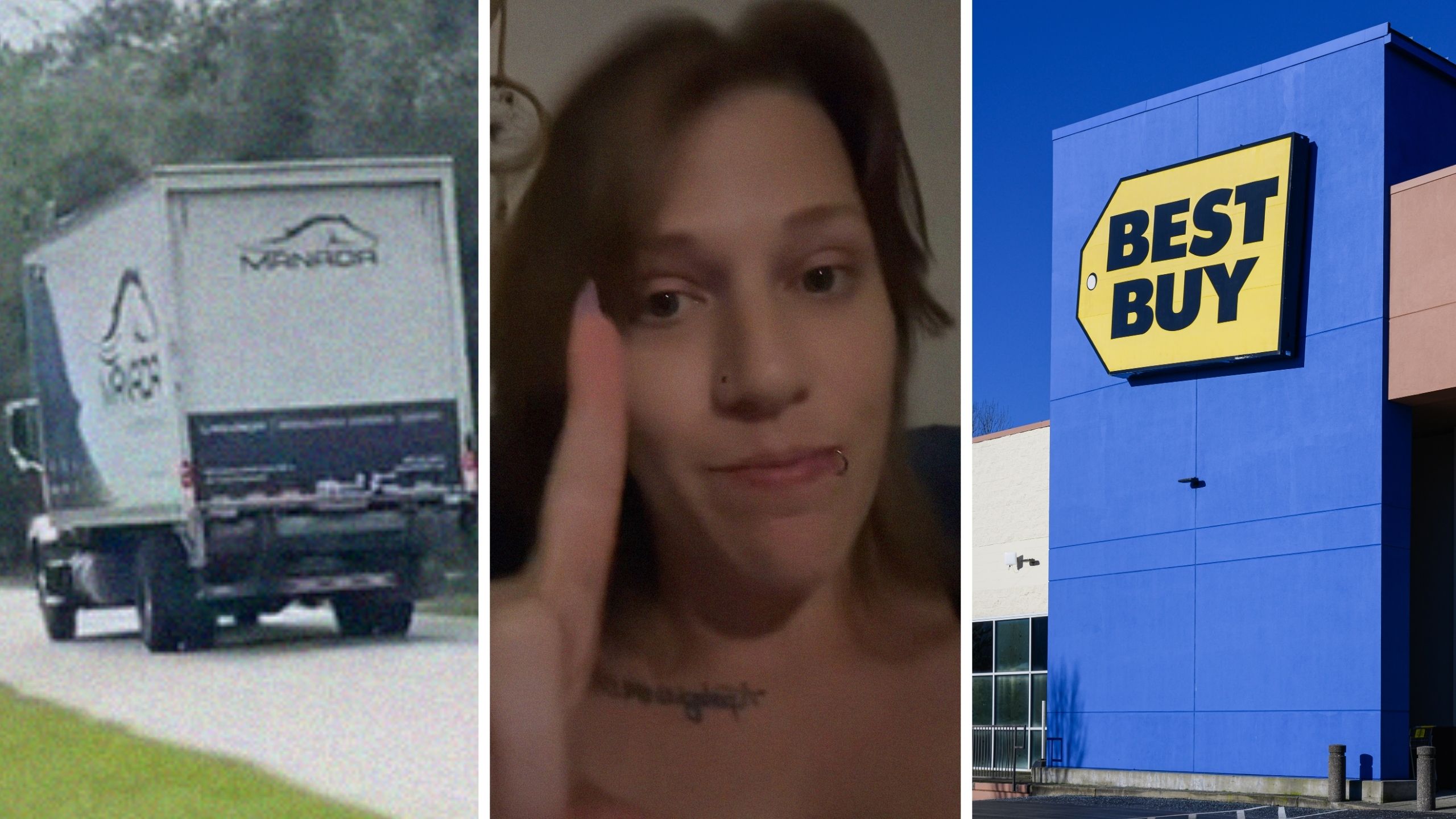 delivery truck (l) woman shares Best Buy issue (c) Best Buy storefront (r)