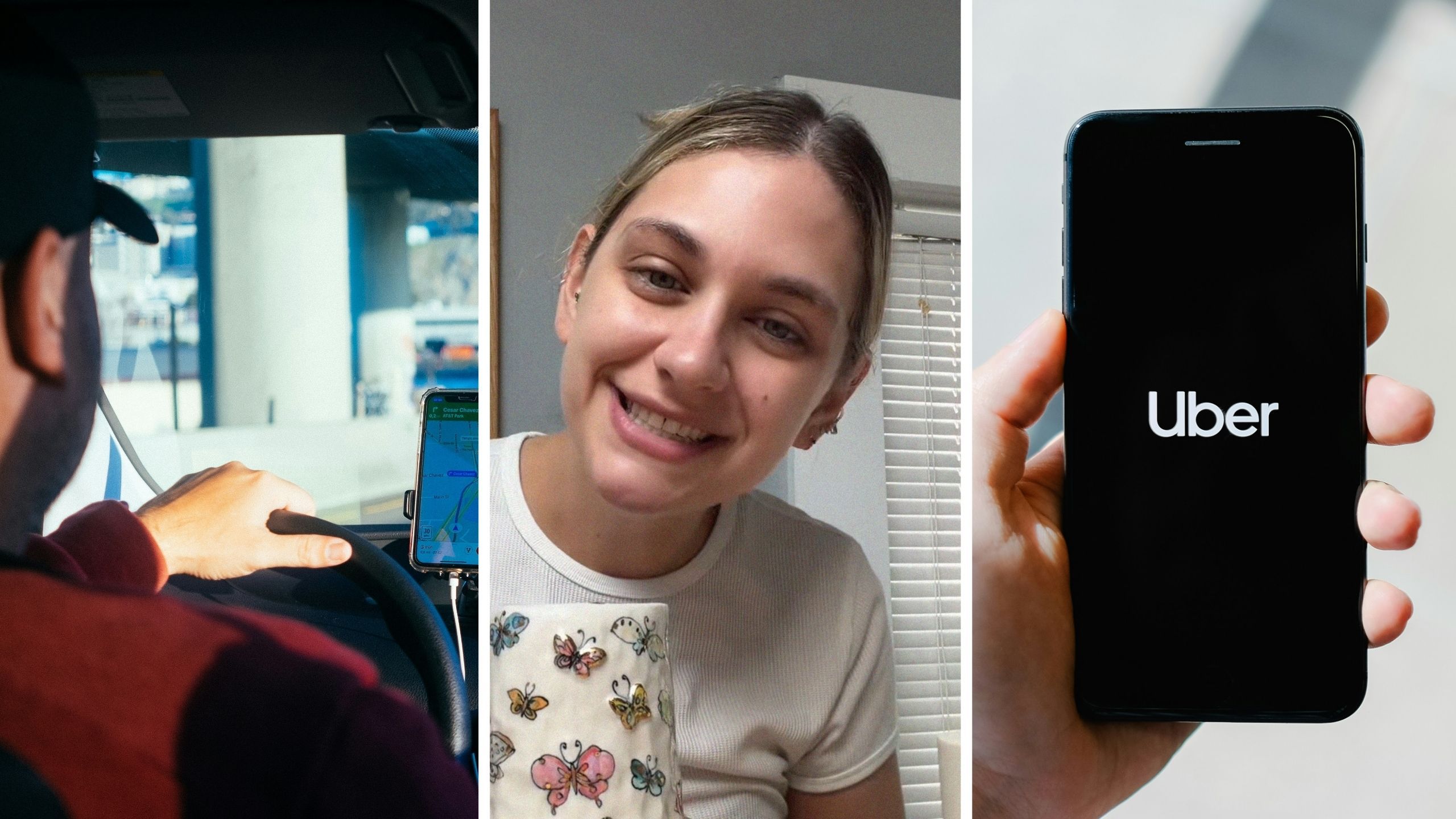 Uber driver (l) woman shares Uber theft experience (c) Uber app (r)
