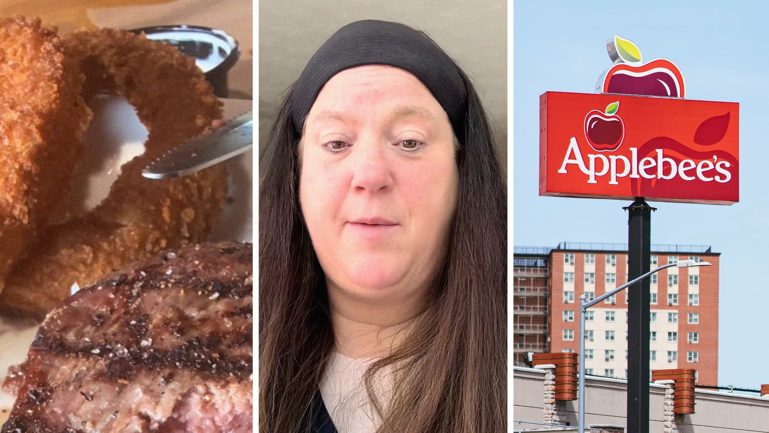 sirlion steak (l) woman shares Applebee's experience (c) Applebee's entrance (r)