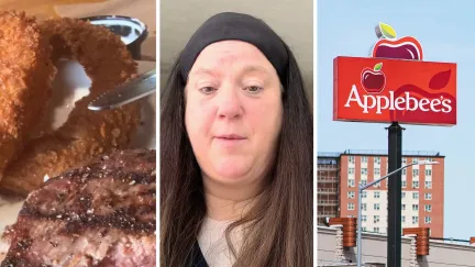 sirlion steak (l) woman shares Applebee's experience (c) Applebee's entrance (r)