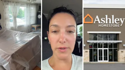 Furniture delivery (l) woman shares furniture purchase issue (c) Ashley Homestore entrance (r)