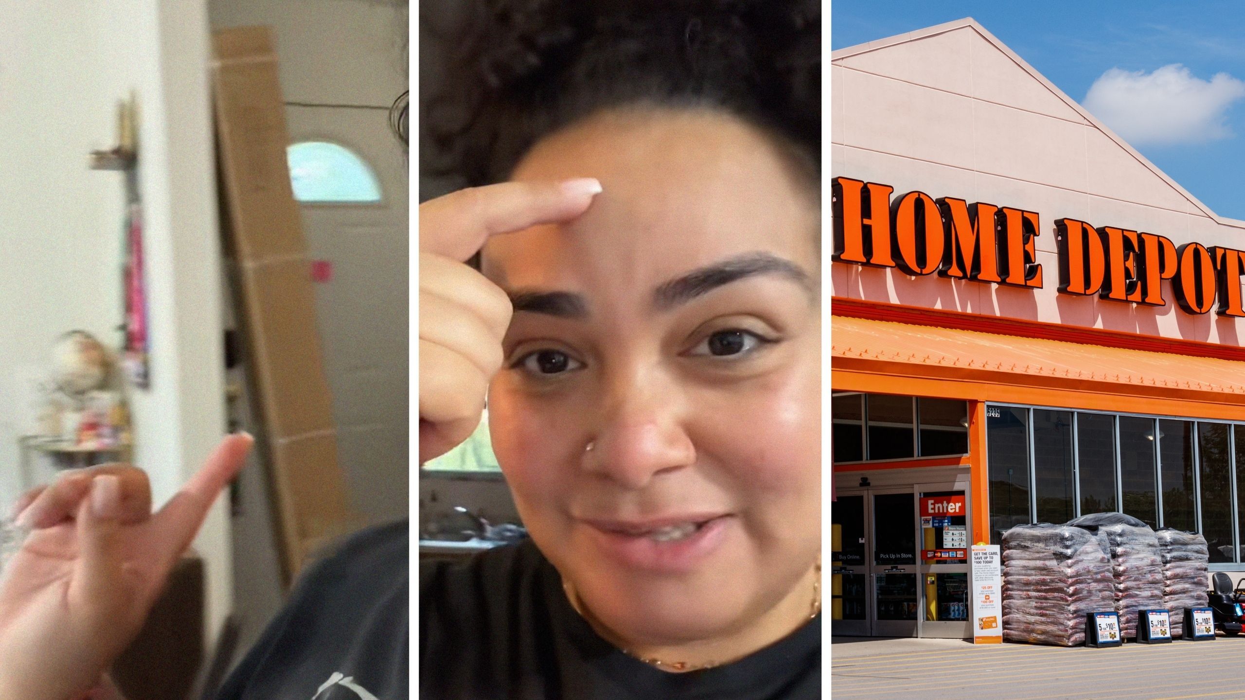 large package (l) woman shares purchase issue (c) The Home Deport storefront (r)