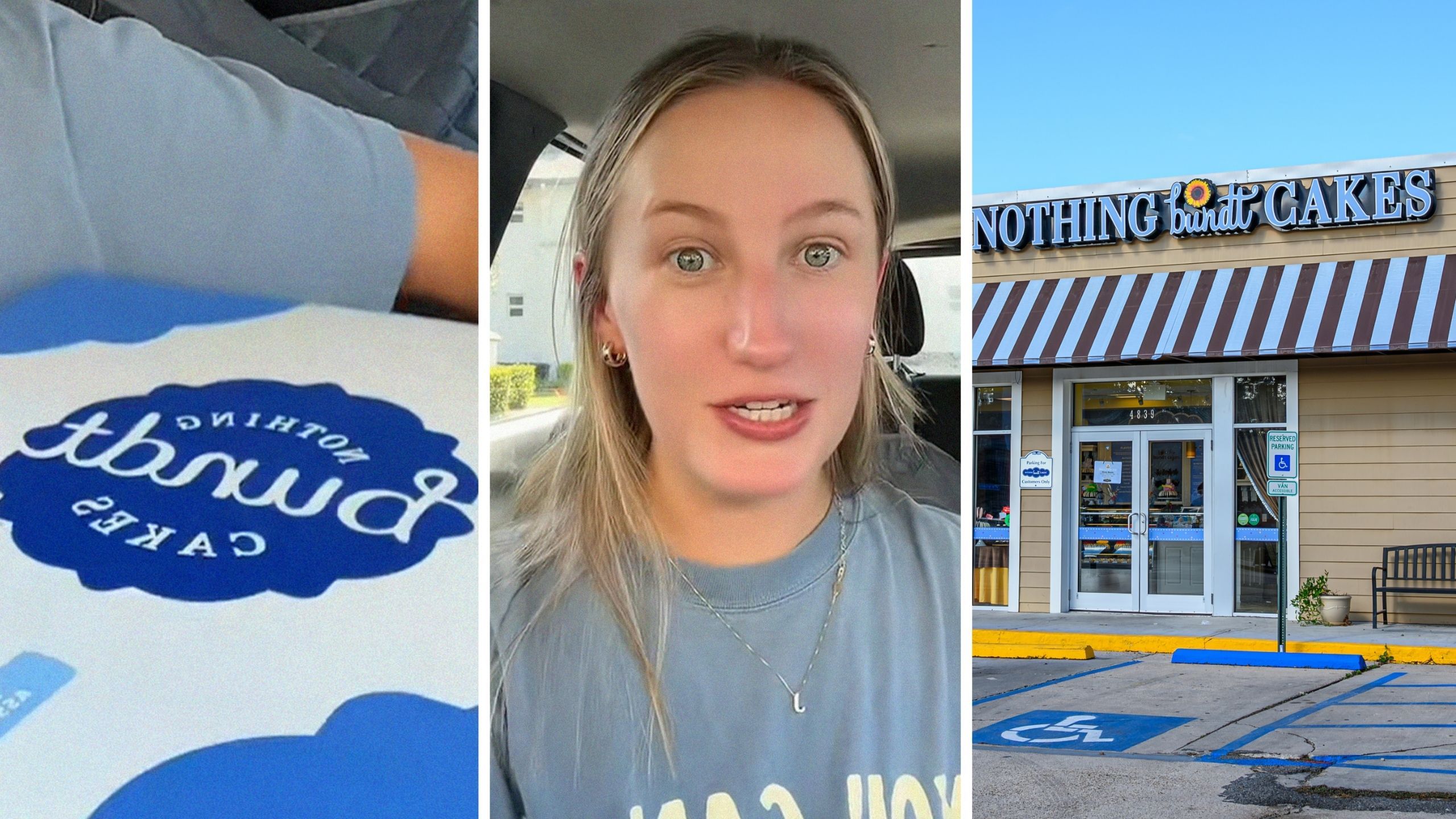Nothing Bundt Cake to-go box (l) woman shares Nothing Bundt Cake unboxing (c) Nothing Bundt Cake storefront (r)