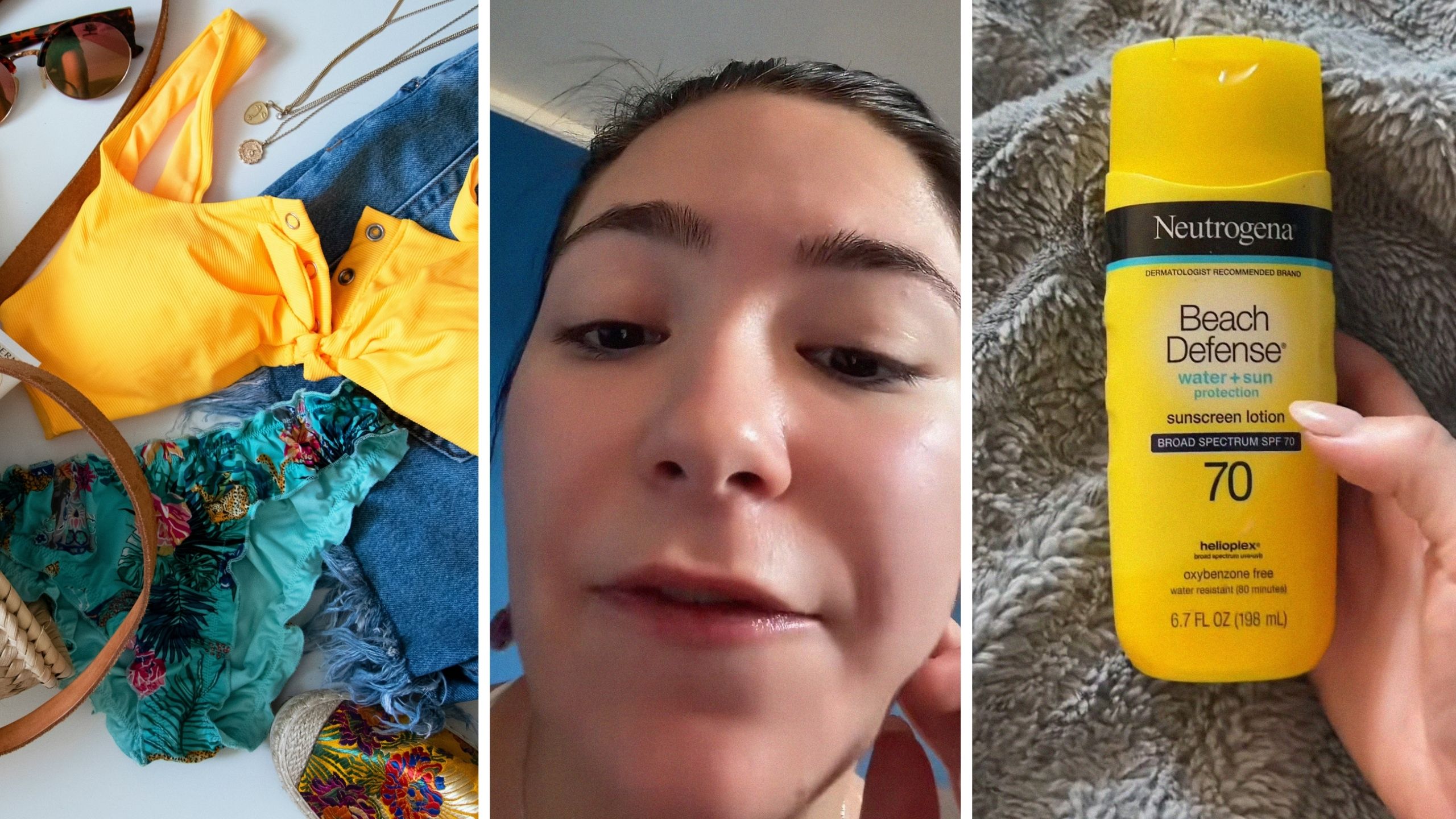 beach essentials (l) woman shares Neutrogena Beach Defense SPF 70 sunscreen issue (c) Neutrogena Beach Defense SPF 70 sunscreen (r)