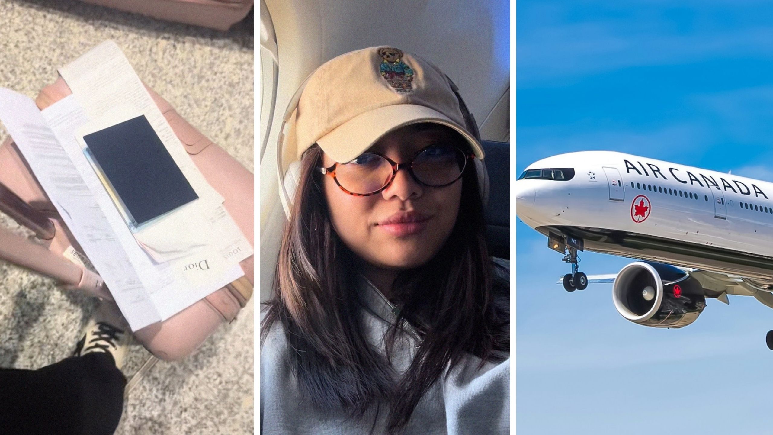 pink carry-on (l) woman shares airline issue (c) Air canada aircraft (r)