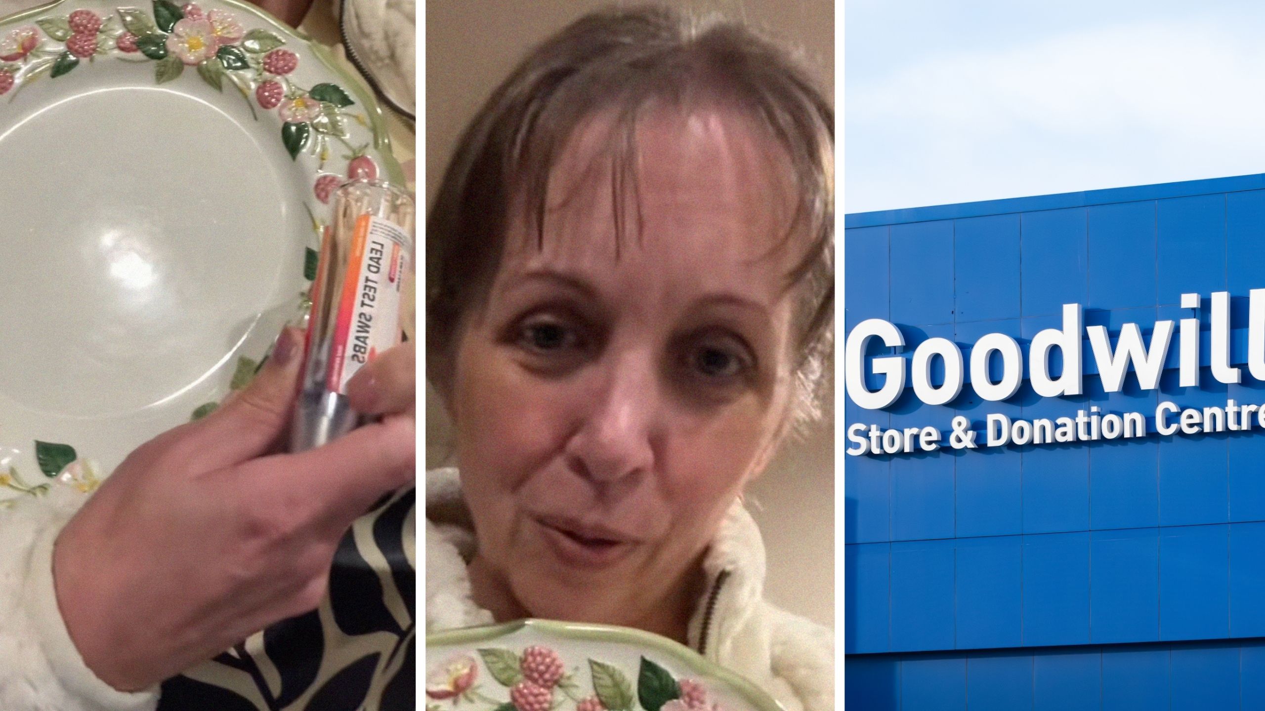 vintage plate and tester (l) woman shares Goodwill encounter (c) Goodwill storefront (r)