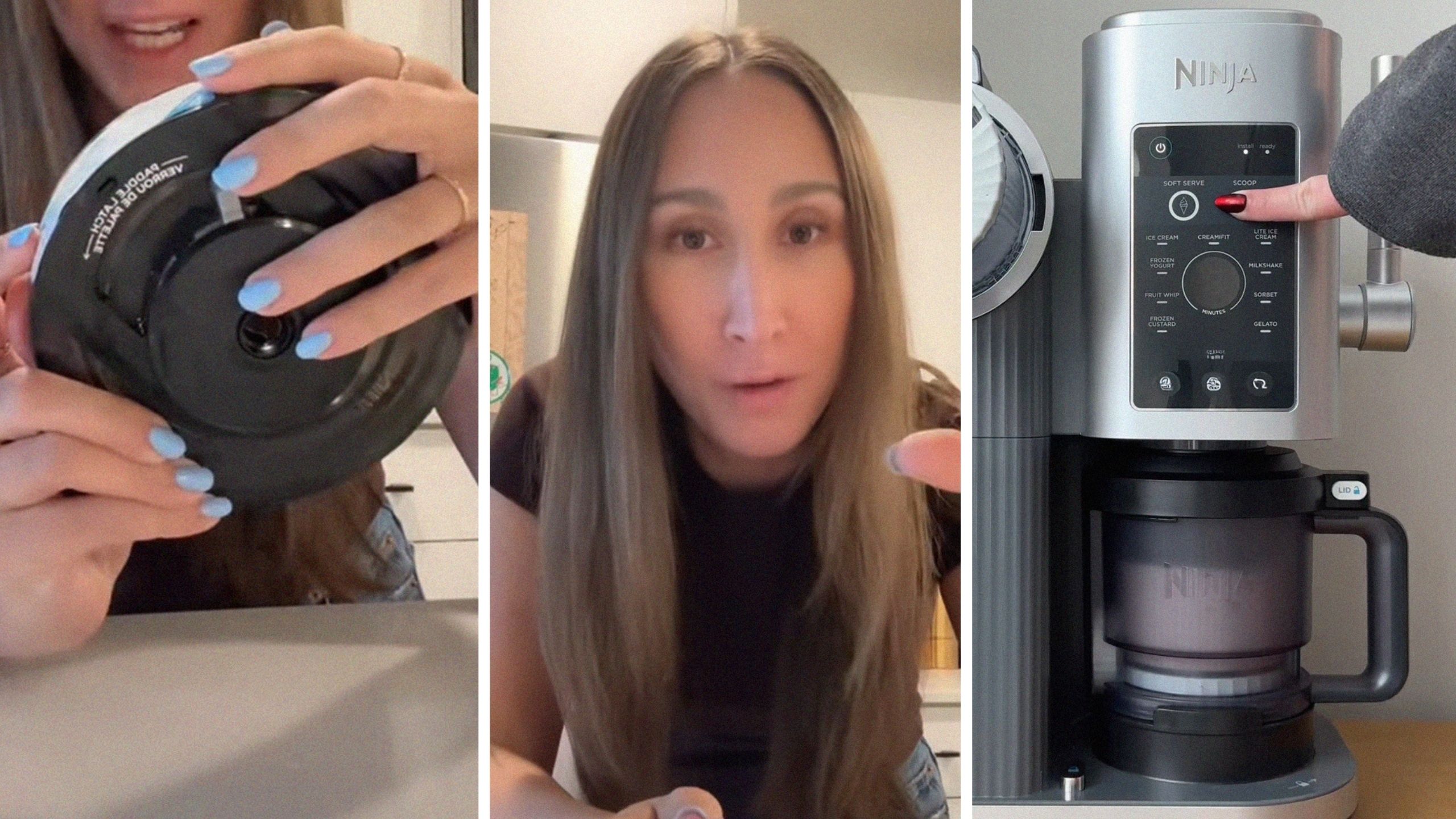 Ninja creamer lid (l) woman shares Ninja item concern (c) Ninja Creamer (r)