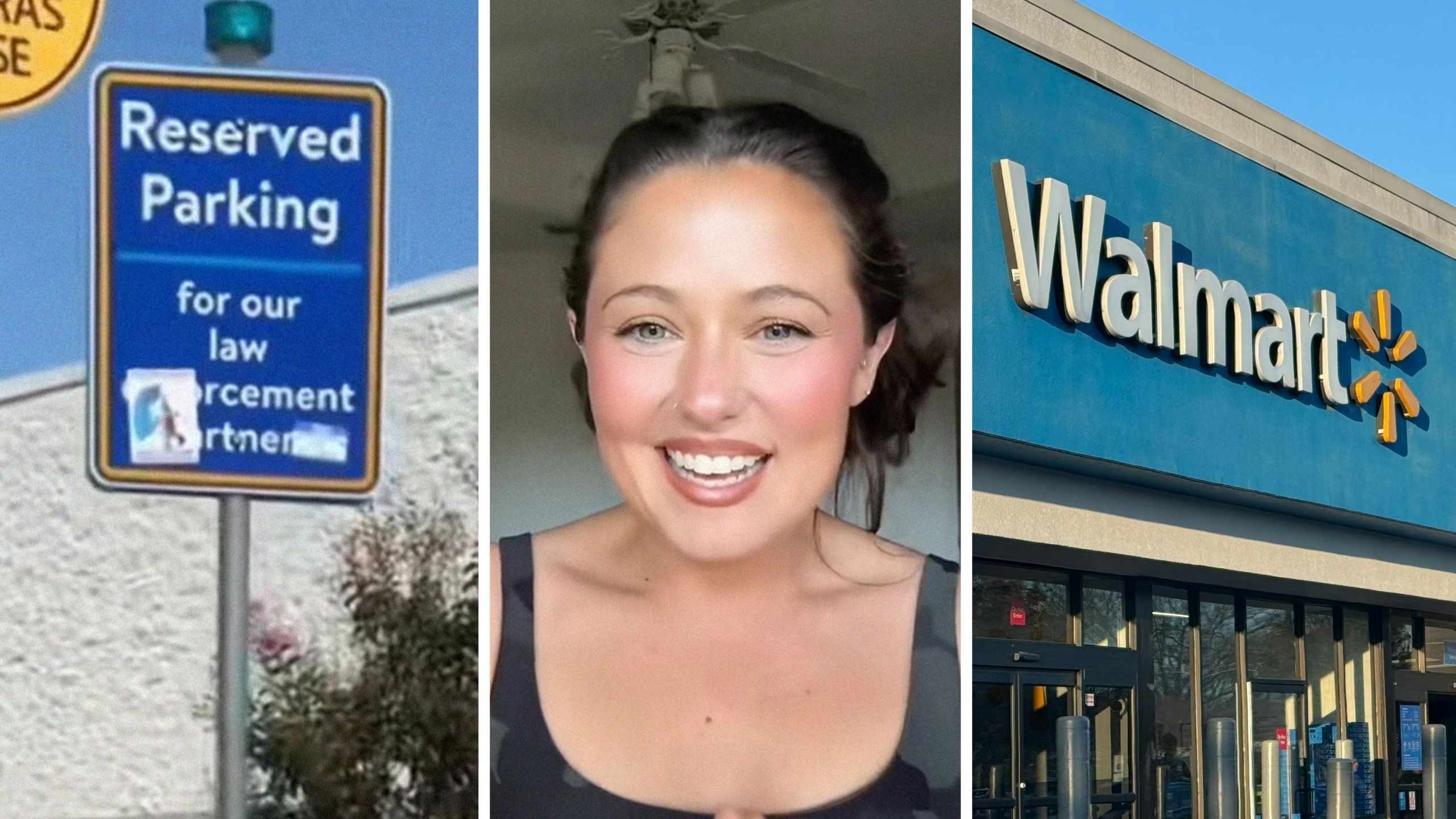 parking signs (l) woman shares walmart observation (c) walmart storefront (r)