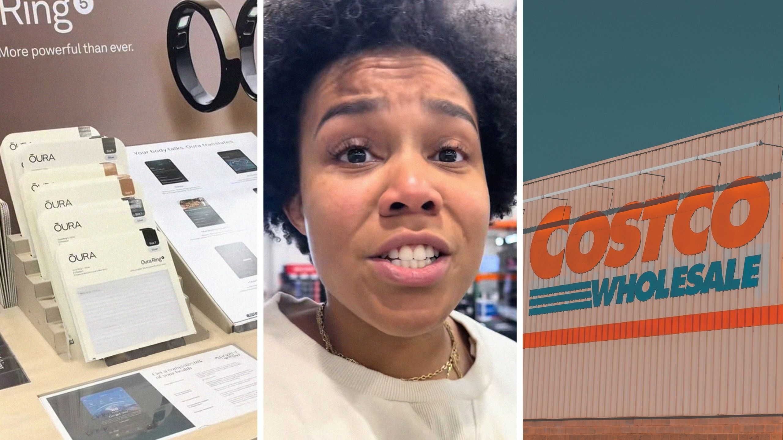 Oura rings (l) woman shares Costco issue (c) Costco storefront (r)
