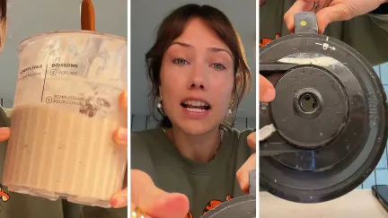 ice-cream container (l) woman shares Ninja creamer issue (c) Ninja creamer cover (r)