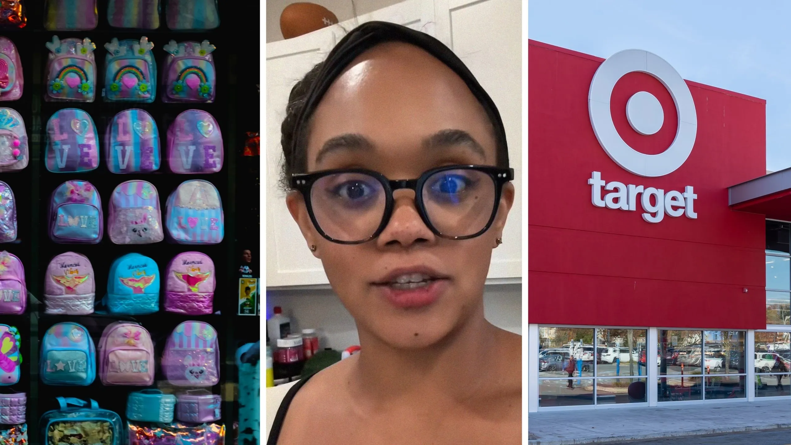 backpacks for sale (l) woman shares Target scam (c) Target storefront (r)