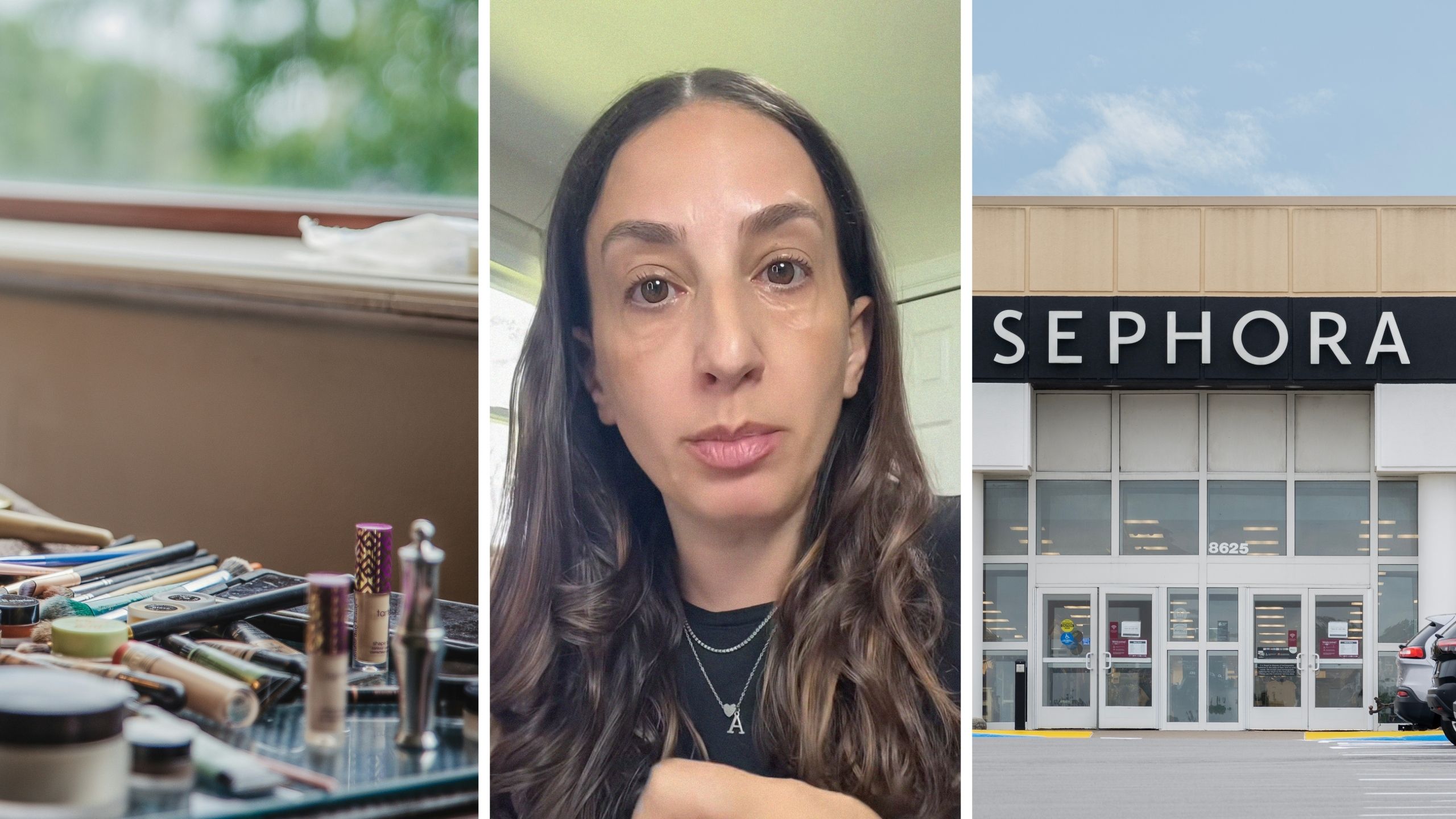sephora products (l) woman shares sephora experience (c) Sephora storefront (r)