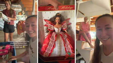 sealed barbies (l) woman shares childhood encounter (c) Barbie boxes (r)