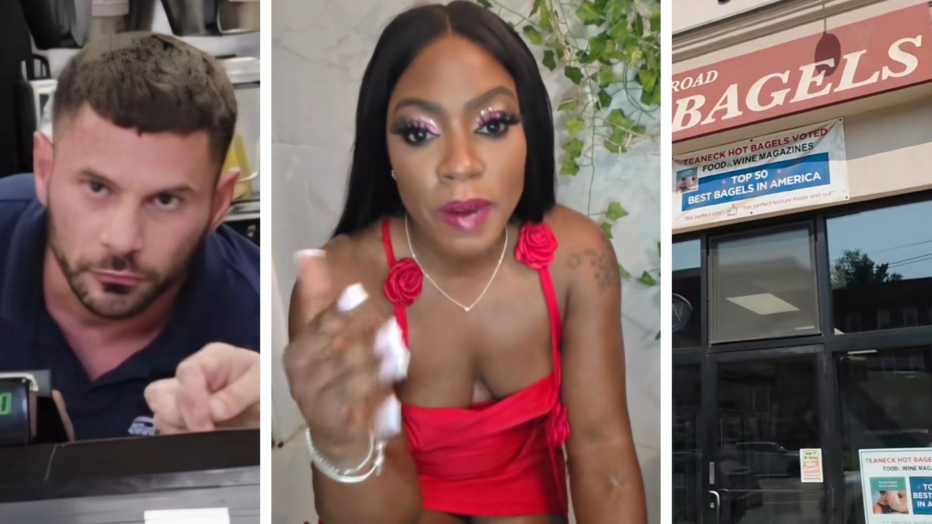 Deli employee (l) woman shares 'Hyena' racism allegation (c) Teaneck Road Hot Bagels storefront (r)