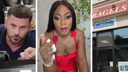 Deli employee (l) woman shares 'Hyena' racism allegation (c) Teaneck Road Hot Bagels storefront (r)