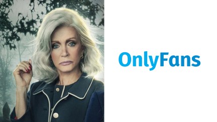 Actress Donna Mills standing across from OnlyFans logo.