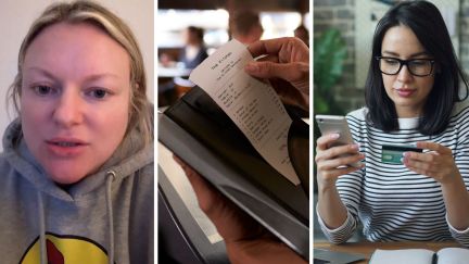 server shares job experience (l) restaurant check (c) woman paying bill online (r)