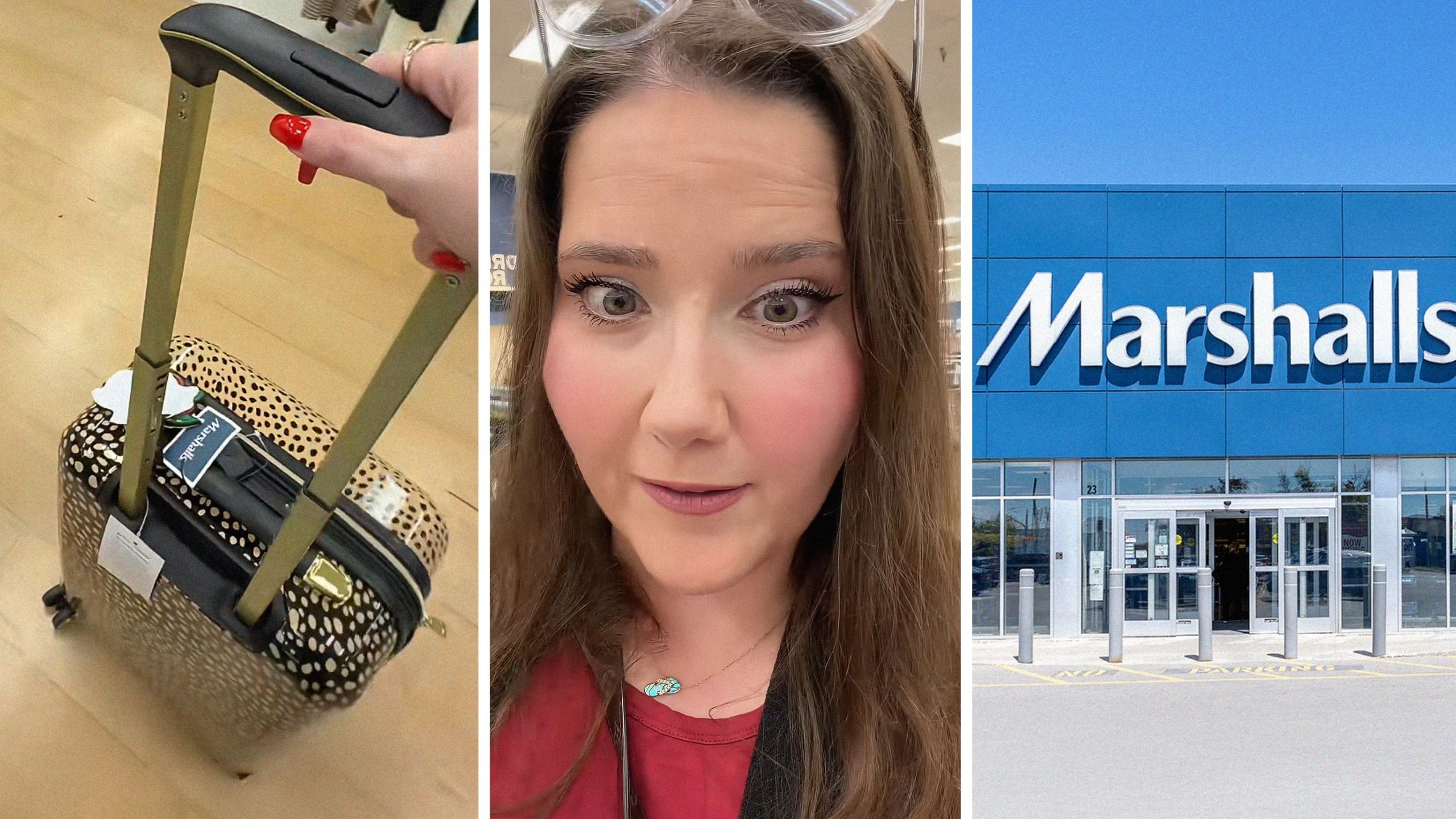 travelling luggage (l) woman shares shopping hack (c) Marshalls storefront (r)