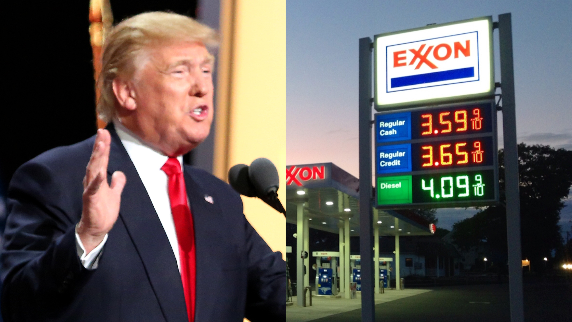President Donald Trump talking across from an Exxon Gas Station