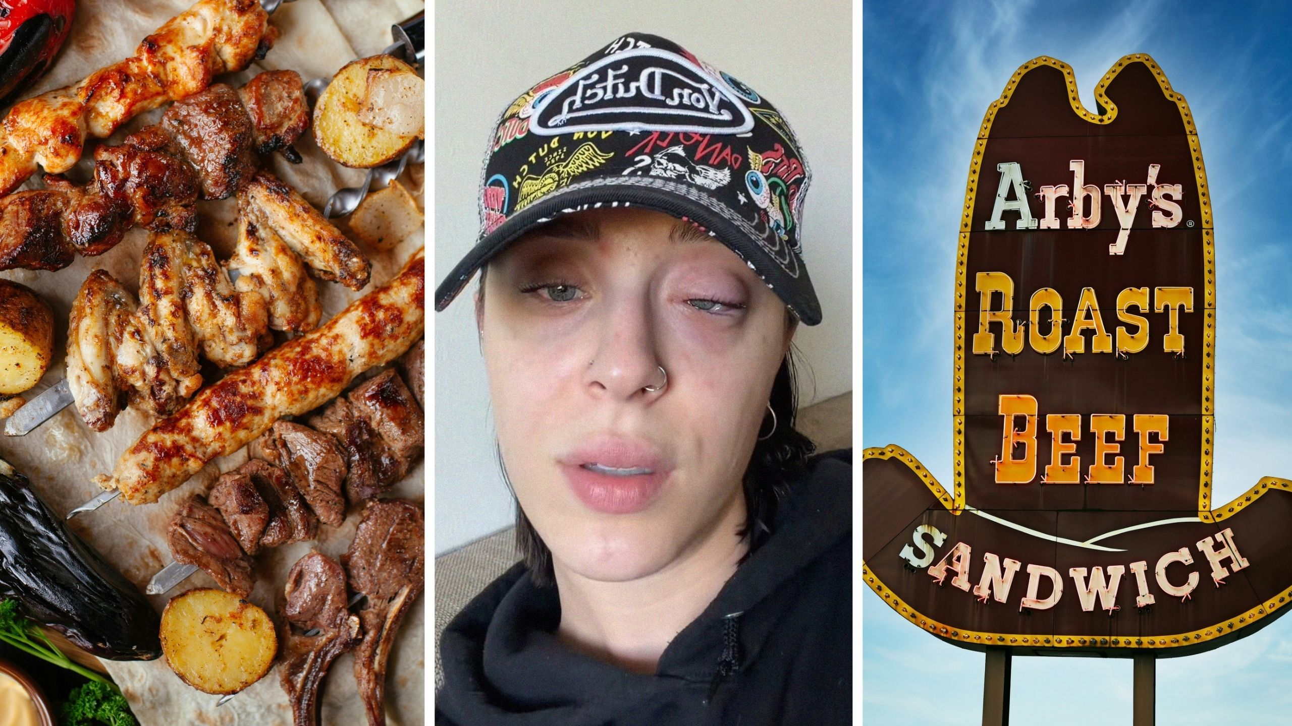 order of meat mountain (l) woman shares food order warning (c) Arby's entrance (r)