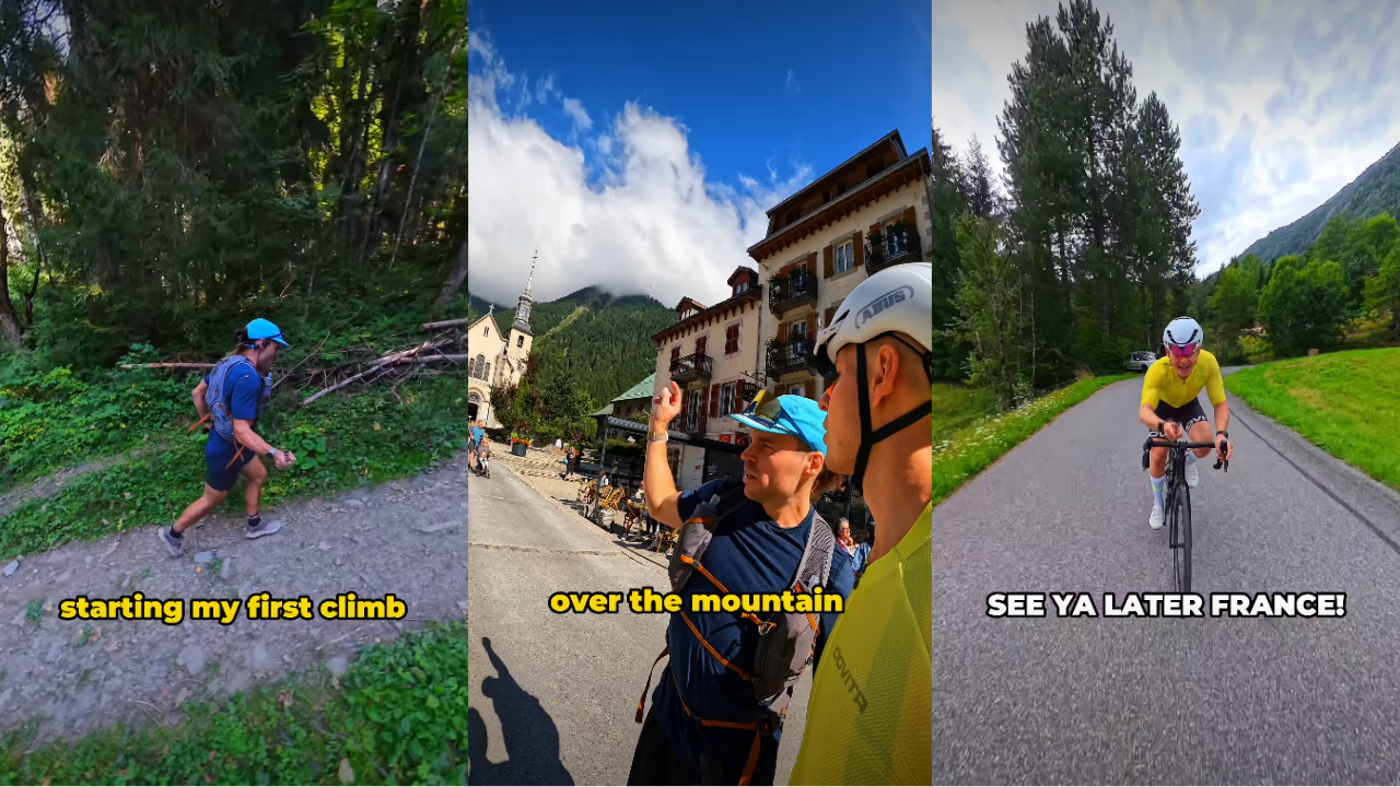 A runner raced a cyclist from France to Italy. The winner sat waiting at the restaurant with pizza on the table 'Wow, winning tastes good'