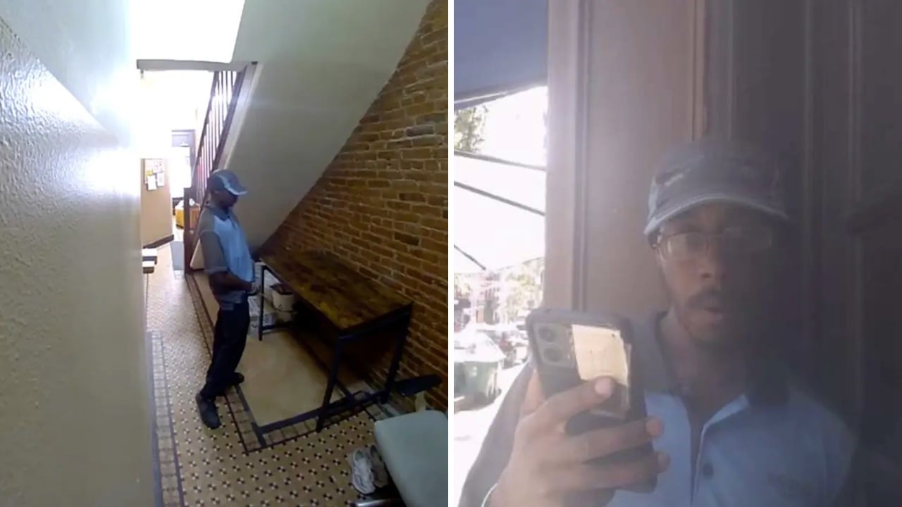 Amazon delivery driver caught relieving himself on tenant’s belongings inside NYC apartment lobby; company offers the tenant a gift card