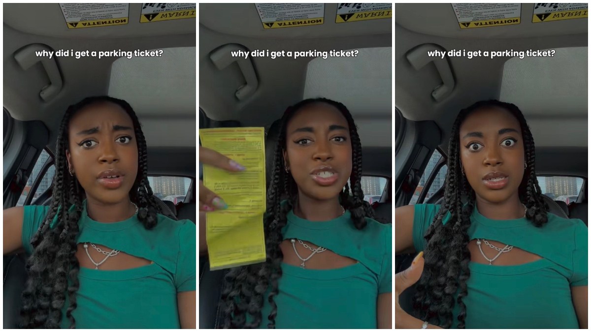 Split side images of a Black woman in green top sitting in her car holding a yellow parking ticket, questioning why she got it.