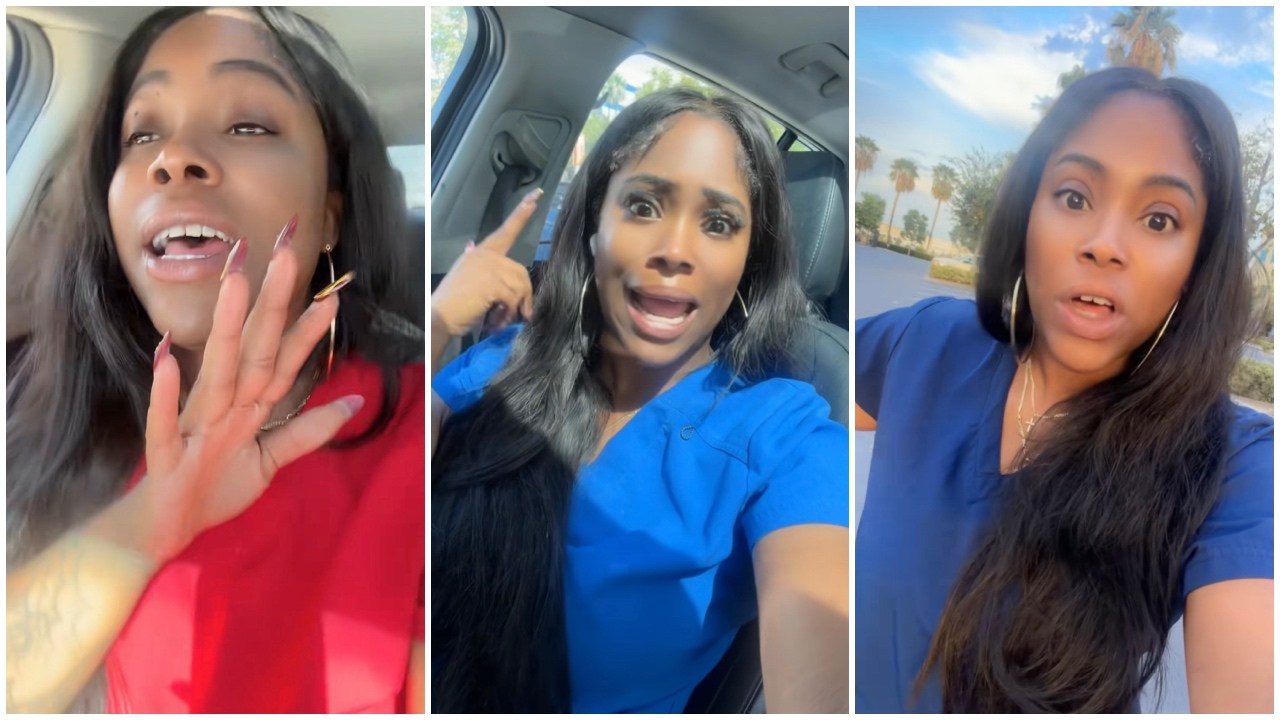 Split side images of a Black woman wearing blue scrubs in her car recounting a stalking story