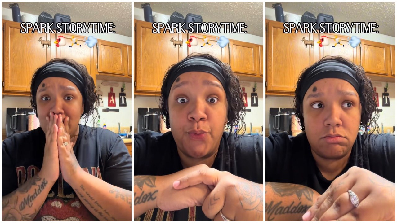 Split side images of a Walmart Spark delivery woman sitting in her kitchen telling a ‘Spark Storytime’