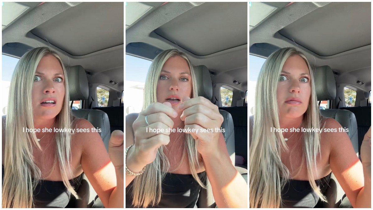 Split side images of a blonde woman in her car telling how she got stared down at Target by a random couple.