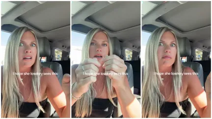 Split side images of a blonde woman in her car telling how she got stared down at Target by a random couple.