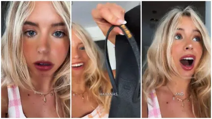 Split side images of a blonde woman showing her black flip flops and narrating a strange encounter