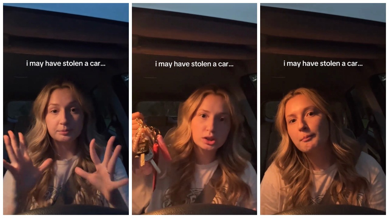 Split side images of a blonde woman sitting in a car with on-screen text reading ‘I may have stolen a car…’