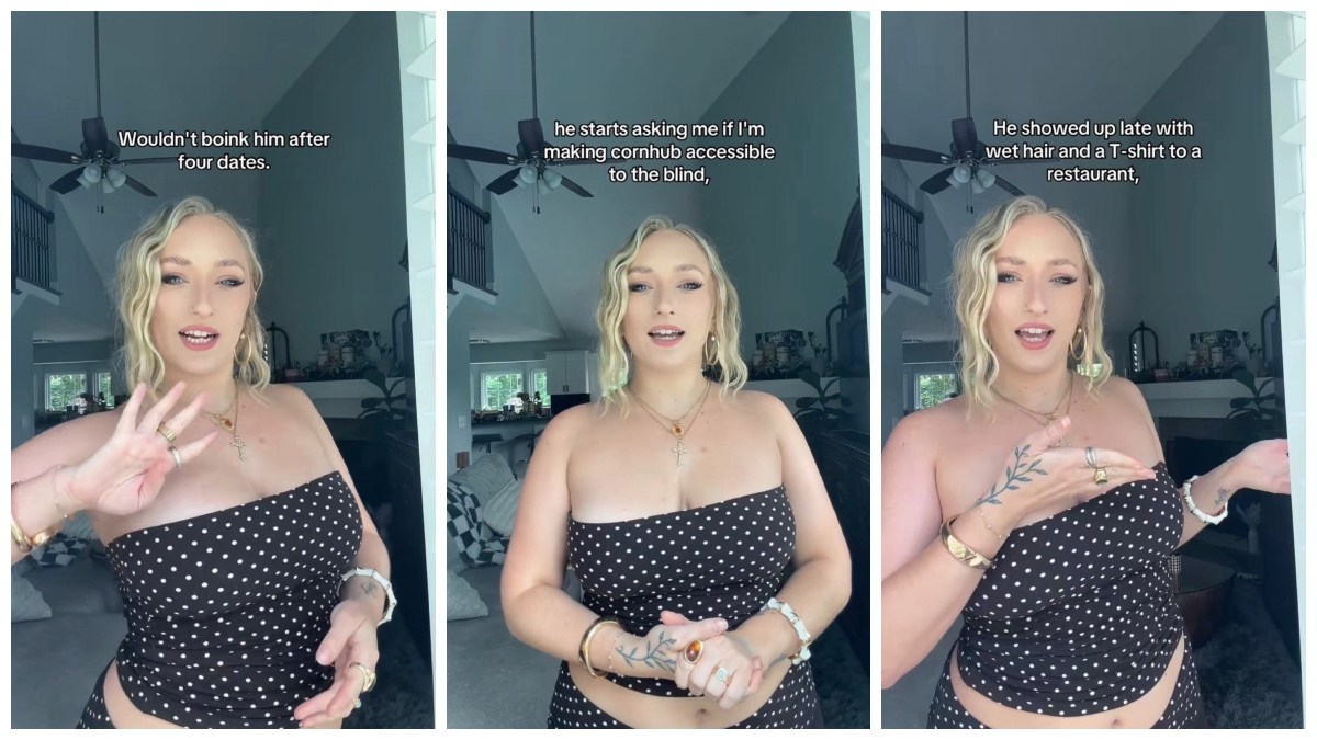 Split side images of a blonde woman standing in her living room wearing polka dot co-ord set recounting five disastrous dates she went on in one week.
