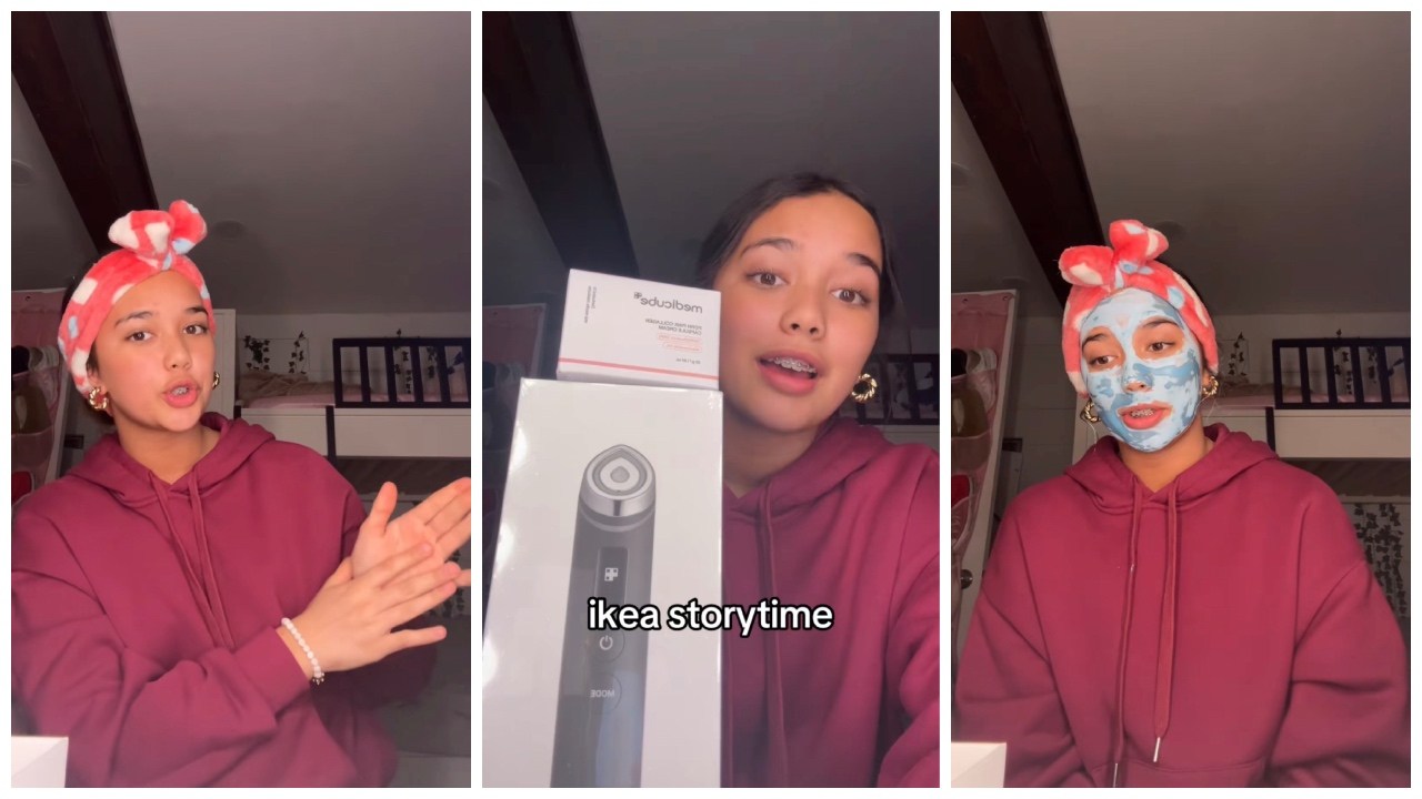 Split side images of a girl wearing a red hoodie pointing to the left with her hands, holding a product in second frame, and wearing a blue face mask in the third, while telling her IKEA storytime.