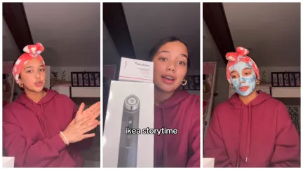 Split side images of a girl wearing a red hoodie pointing to the left with her hands, holding a product in second frame, and wearing a blue face mask in the third, while telling her IKEA storytime.