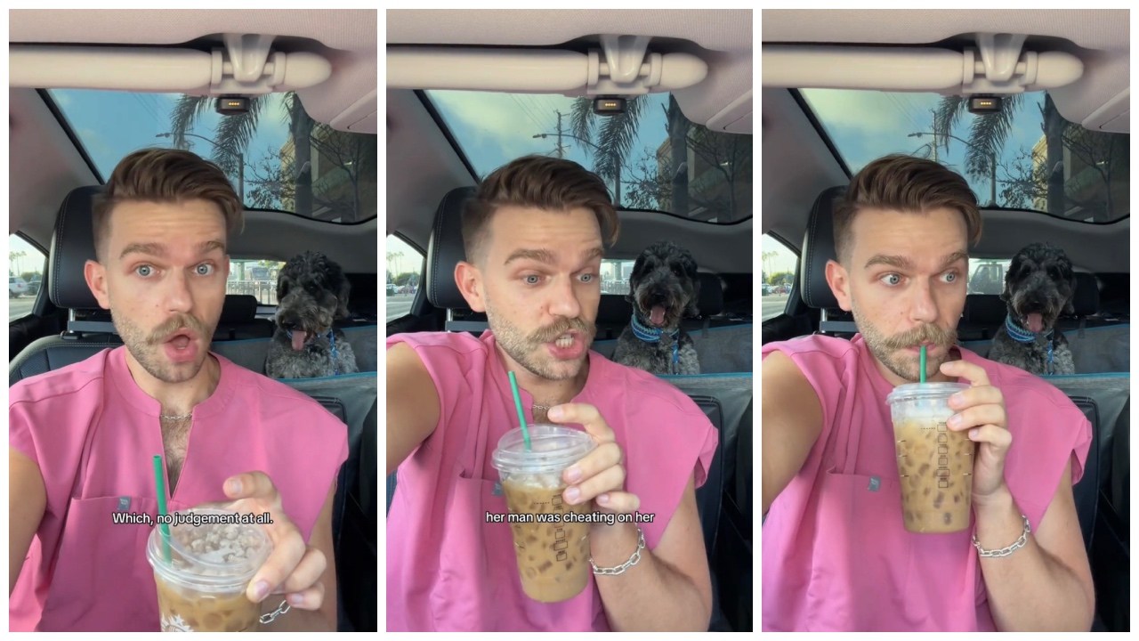 Split side images of a male nurse in pink scrubs sitting in his car with his dog, sipping Starbucks and telling a story about an STI patient and the patient on the next bed.