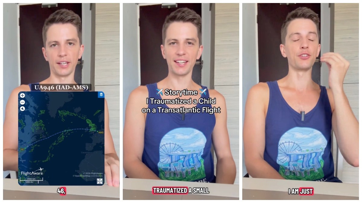 Split side images of a man wearing a blue tank top with an overlapping image of his flight route and on-screen text reading ‘Storytime, I traumatized a child on a transatlantic flight.’