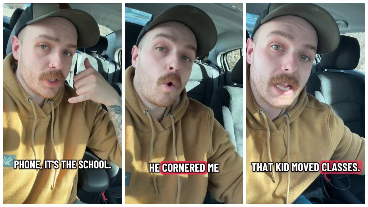 Split side images of a man wearing a brown hoodie and gray green hat, sitting in his car recounting the time he got a call from his daughter’s school principal.