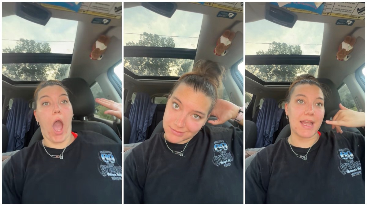 Split side images of a white woman wearing black t-shirt and hair up in a bun sitting in her car describing her revenge on toxic restaurant manager.