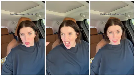 Split side images of a white woman with brown hair sitting in her car debriefing her recent Hinge match story.