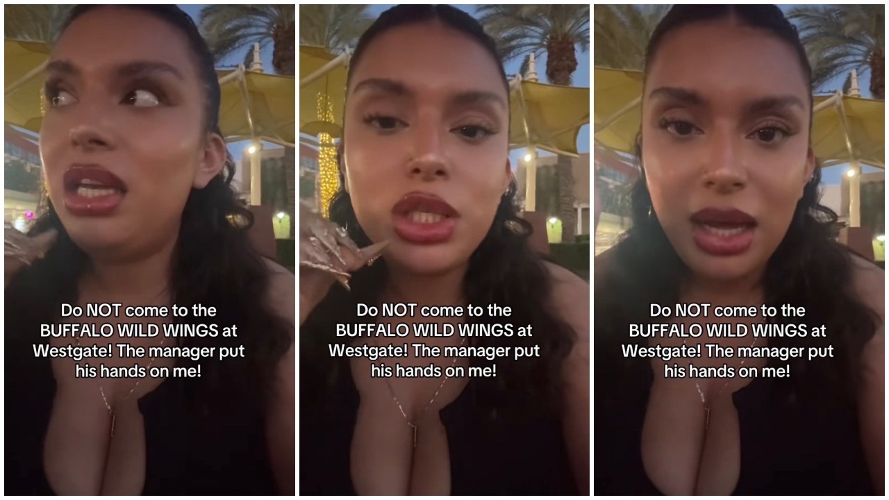 Split side images of a woman coming out of Buffalo Wild Wings at Westgate warning people “Do NOT come to the Buffalo Wild Wings at Westgate! The manager just put his hands on me!”