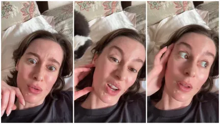 Split side images of a woman in her bed recounting a Costco altercation she had in South Carolina.