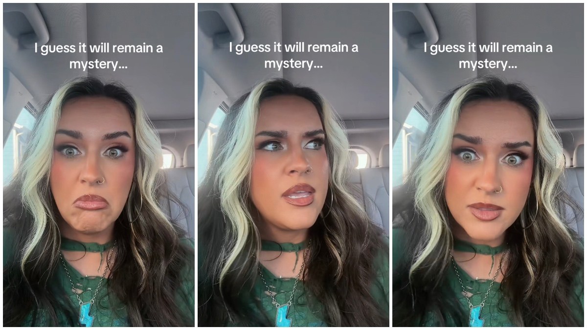 Split side images of a woman in her car recounting a confusing call from police about her license plate, with on-screen text reading ‘I guess it will remain a mystery’