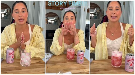 Split side images of a woman sitting at a table making a drink with on-screen text saying ‘Storytime giving my purse to a stranger’