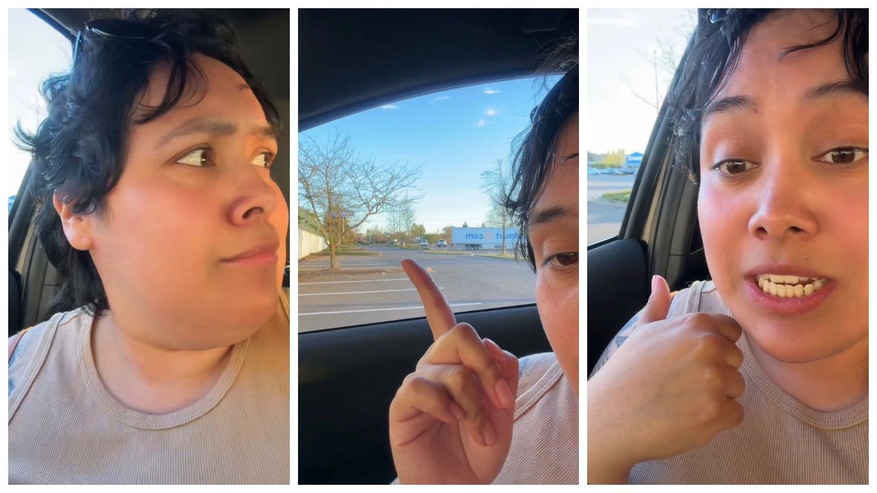 Split side images of a woman sitting in her car in the Walmart parking lot, pointing at a police car from the window while accusing a security guard of harassment.